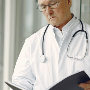 Photo of doctor reading medical documents