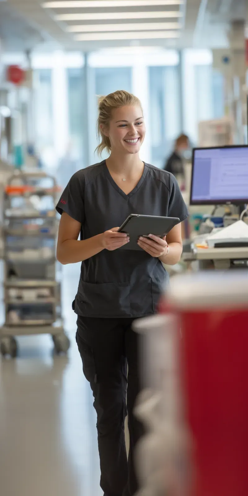 A smiling clinician reviewing faxes on a tablet in a busy hospital corridor