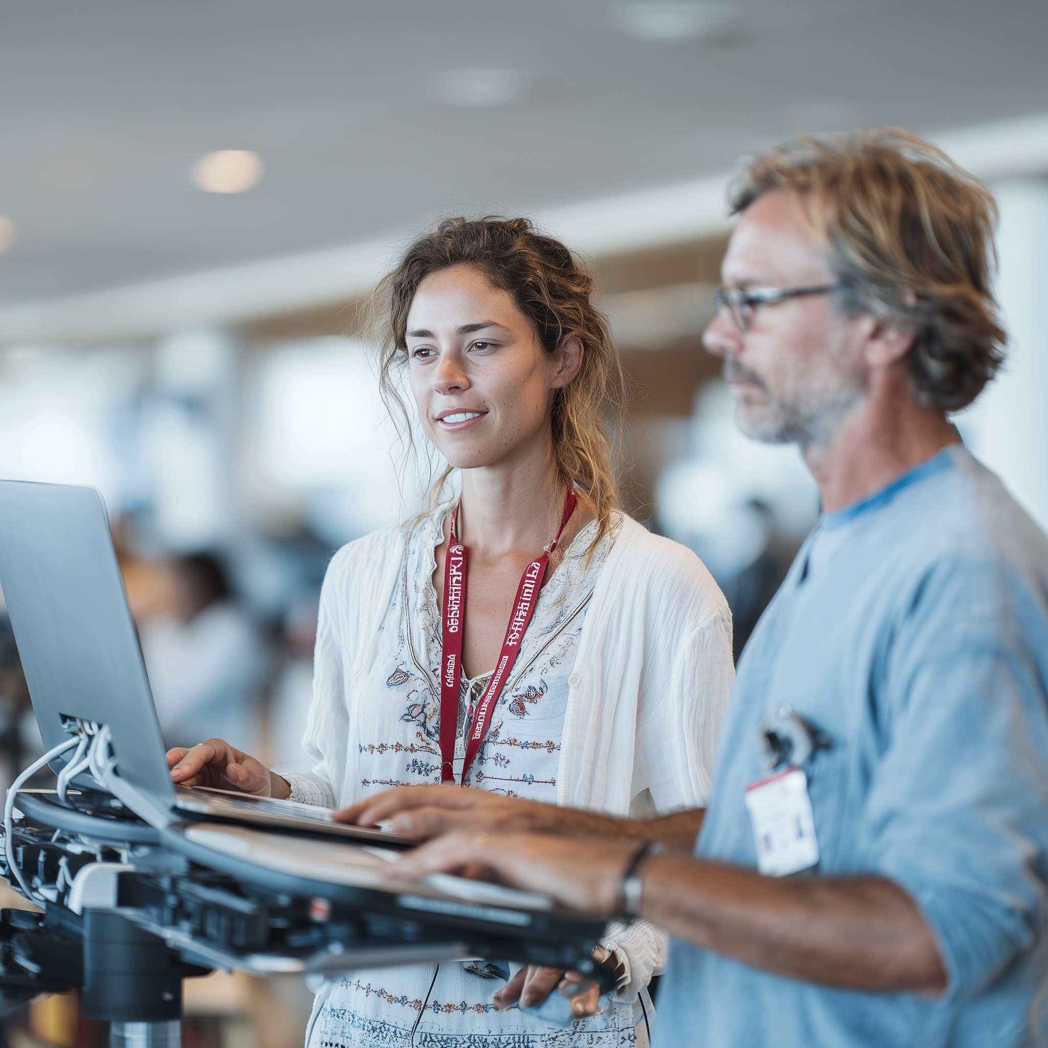 Two colleagues work together at a laptop on a standing workstation.
