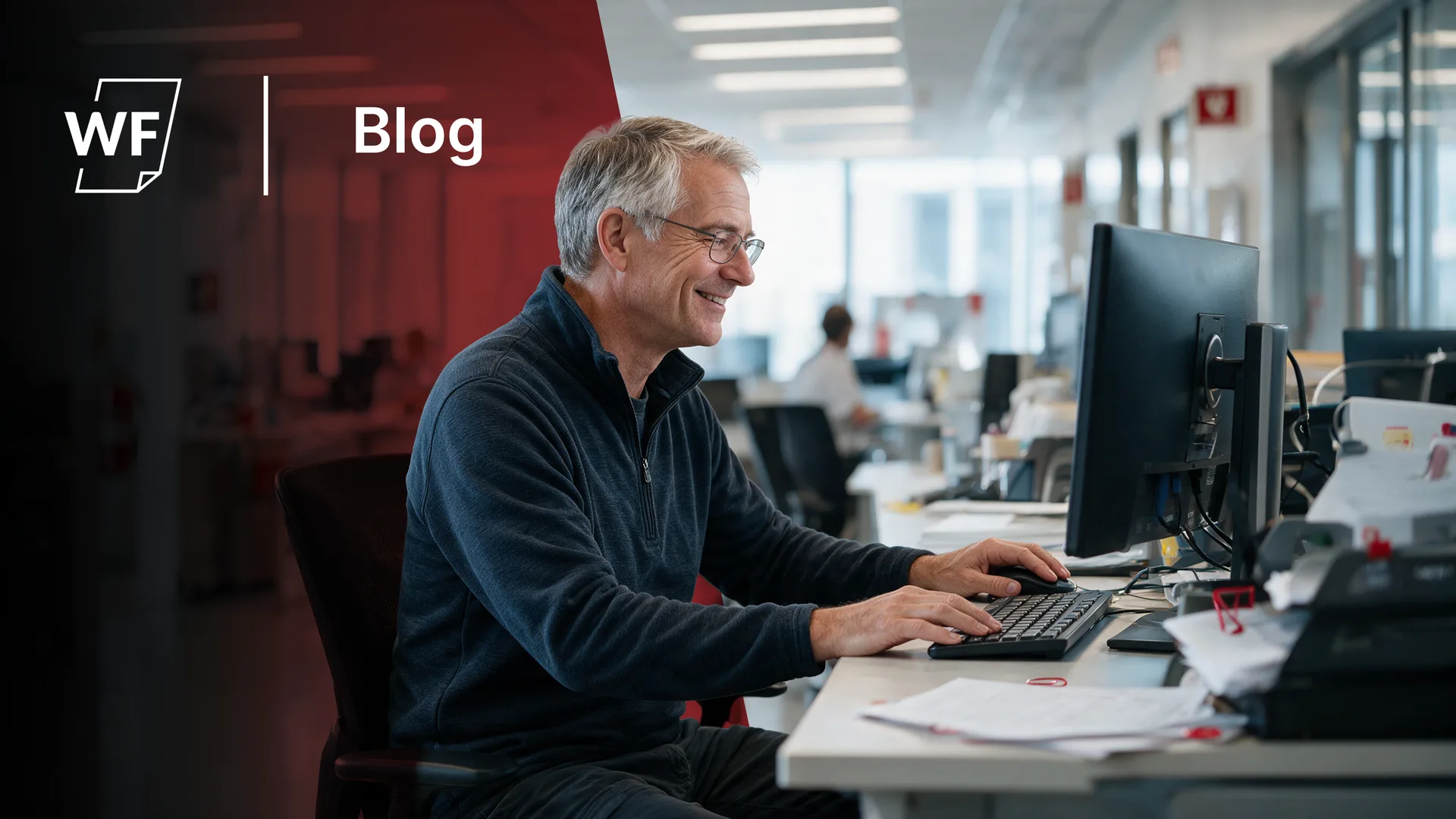 A smiling office worker processing high-volume fax workflows at his desk — WestFax blog header