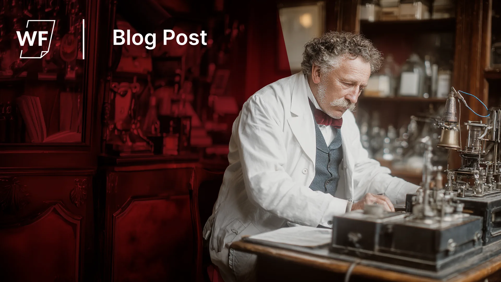 A 19th-century inventor working on early fax apparatus in his workshop — the history of the fax, WestFax blog header