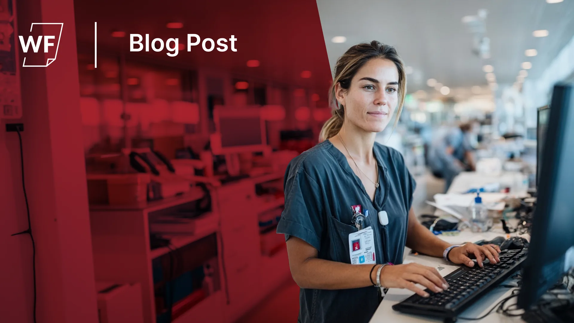 A clinician working at a hospital workstation — cloud faxing in healthcare hybrid work models, WestFax blog header