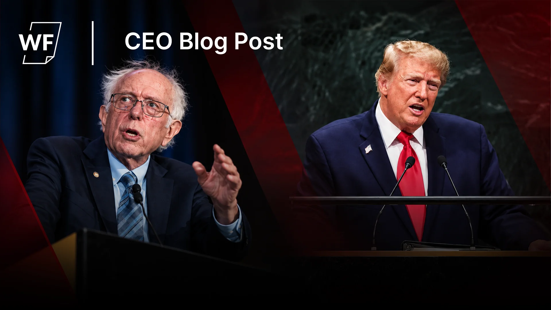 Bernie Sanders and Donald Trump each speaking at a podium, split by red and black diagonals &mdash; the U.S. political debate over artificial intelligence