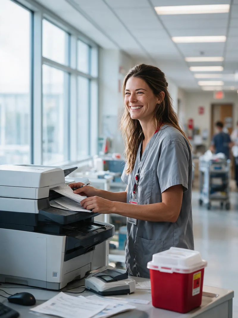 Smiling clinician in scrubs sending a fax from a multifunction printer in a bright hospital corridor