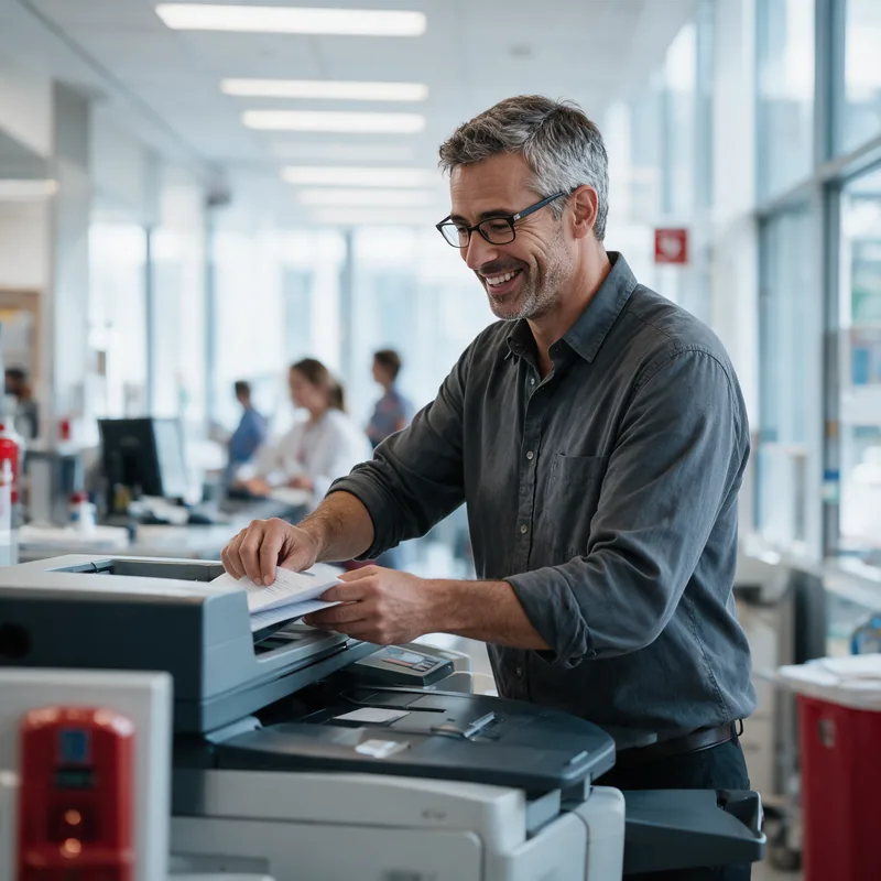 Smiling office worker collecting an inbound fax that AutoPrinted to their multifunction printer