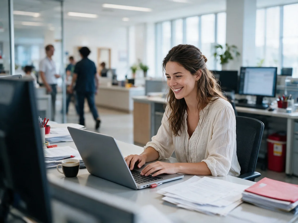 A smiling office manager sending a fax from her email on a laptop in a bright open office
