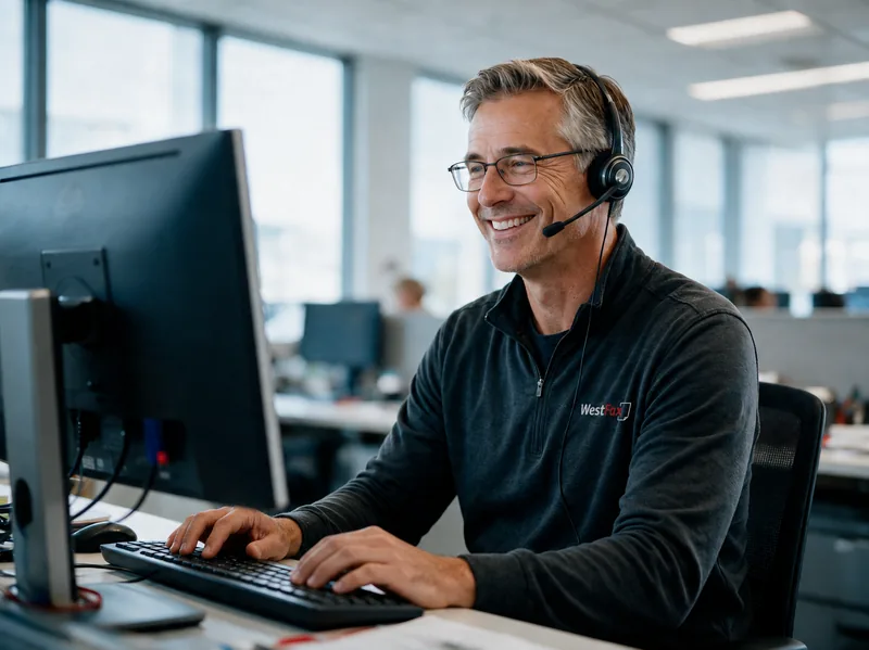 A smiling WestFax support engineer wearing a headset, helping a developer from his workstation