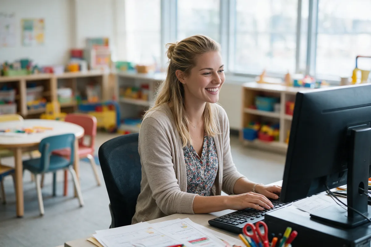 A smiling teacher working at a computer in her classroom, with student records on the desk beside her