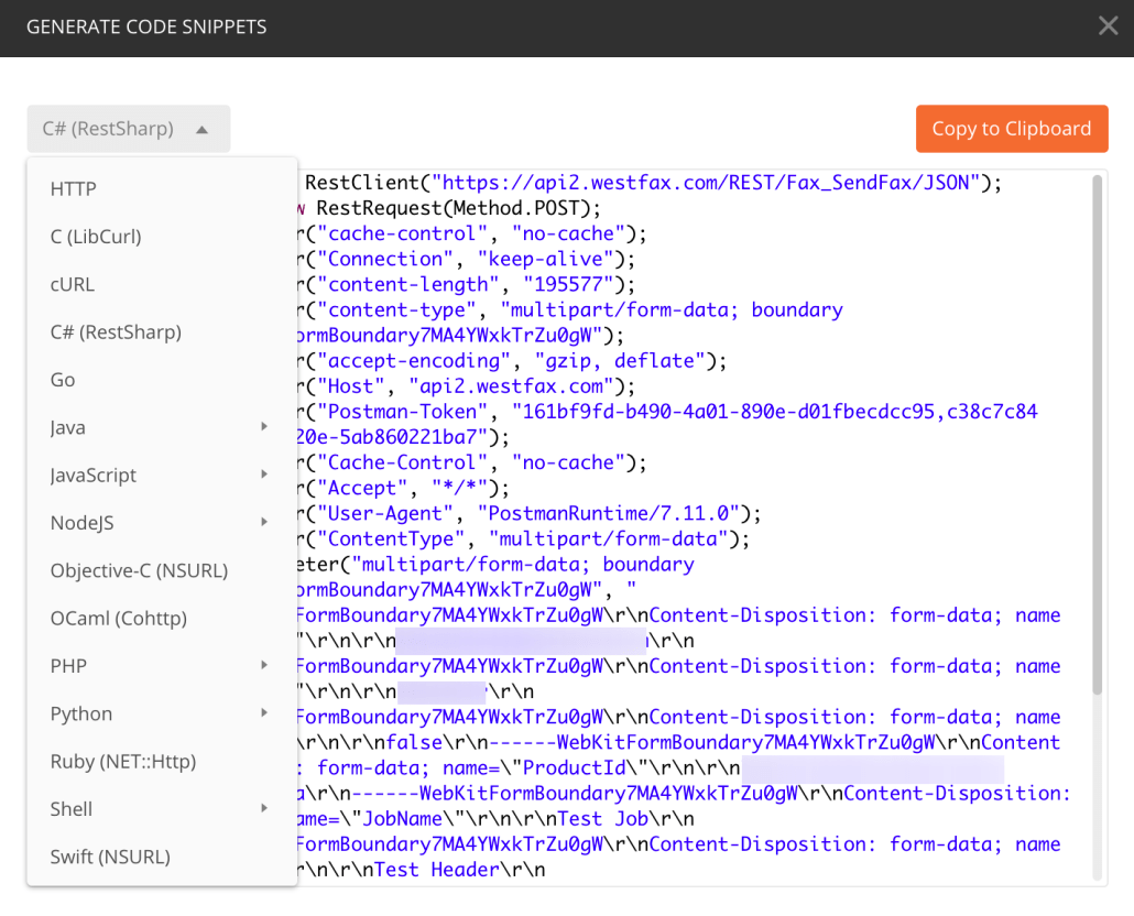Postman generated code snippet ready to paste into your application