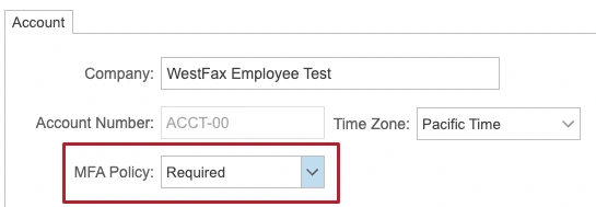 MFA Policy dropdown in WestFax Admin showing Disabled, Optional, and Required settings