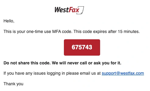WestFax login screen prompting for the six-digit 2FA code sent by email