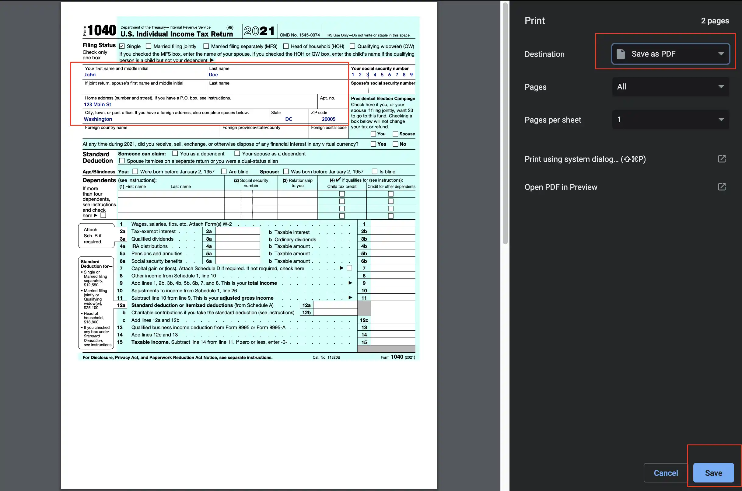 Save as PDF option in the Google Chrome print dialog