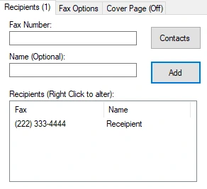 WestFax Print Driver recipient fax number and address book fields