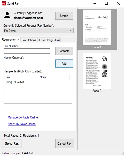 WestFax Print Driver fax preview thumbnail