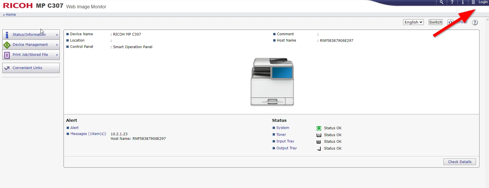 Ricoh Web Image Monitor home screen after login
