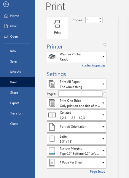 Windows Print dialog with the WestFax Printer selected as the destination