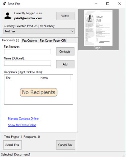Send Fax window with a field for entering the recipient's fax number and a Contacts button