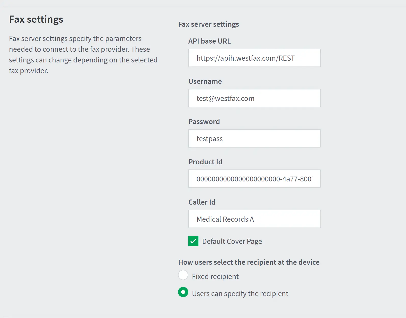 WestFax Connector Scan Action settings form
