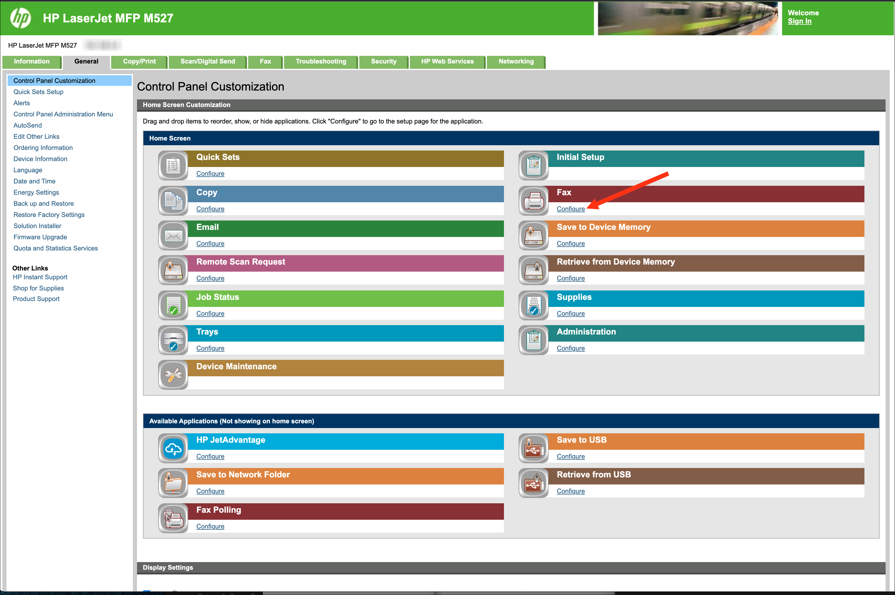 HP MFP embedded web server (EWS) home page after login