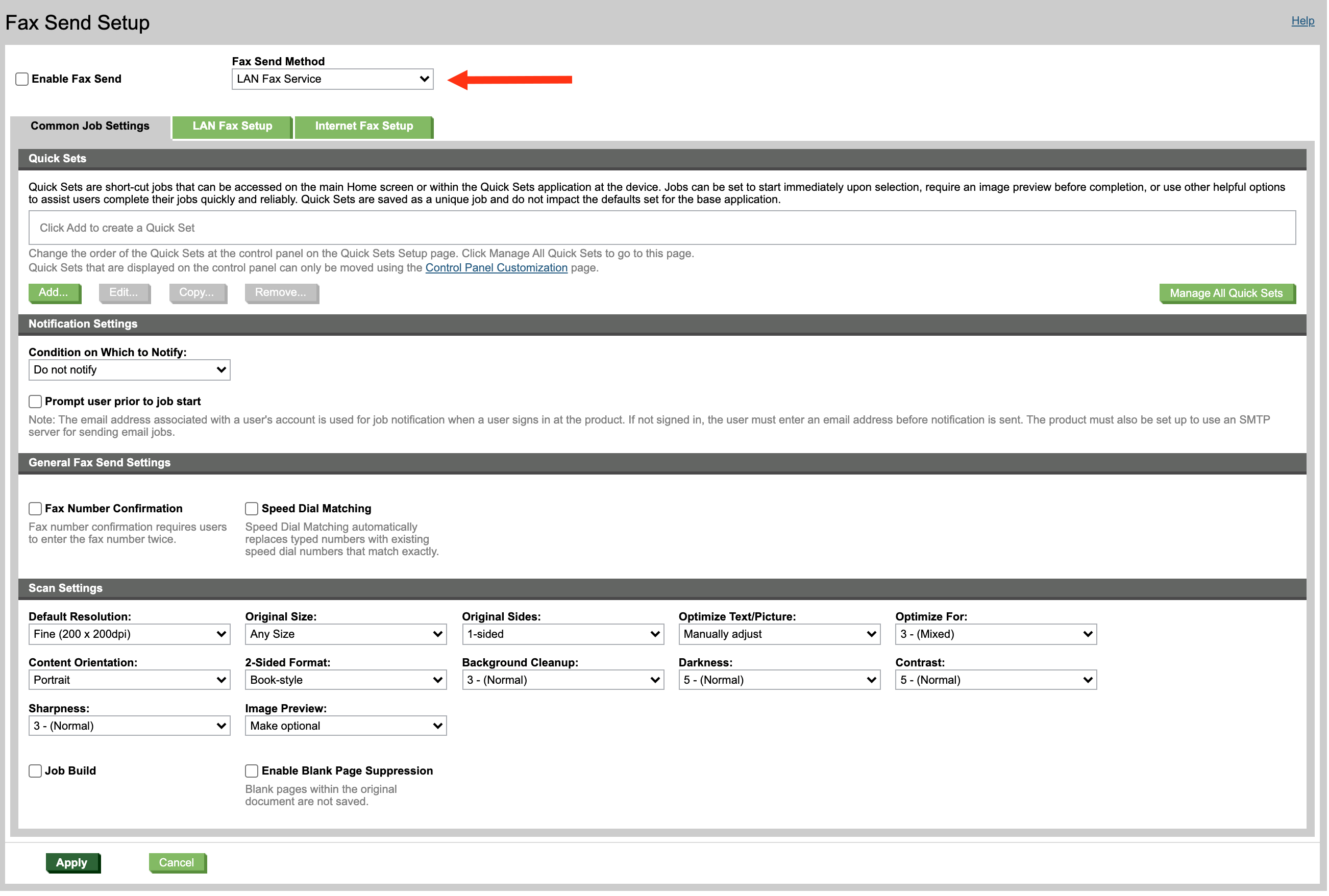 HP MFP Fax Settings page with the CONFIGURE link highlighted