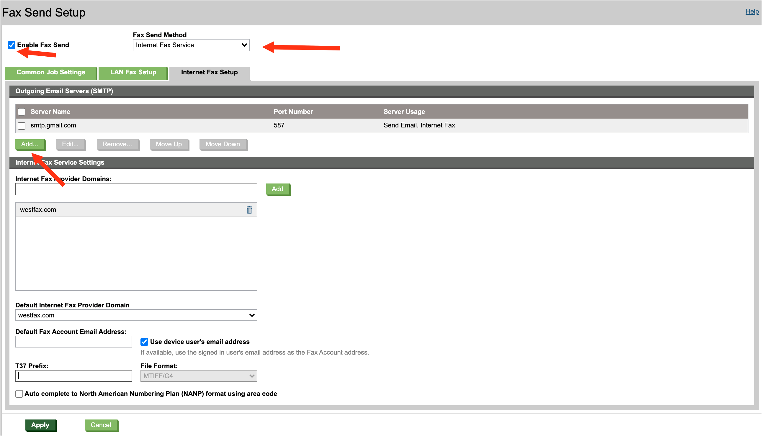 HP MFP Internet Fax Service settings with SMTP server fields highlighted in red