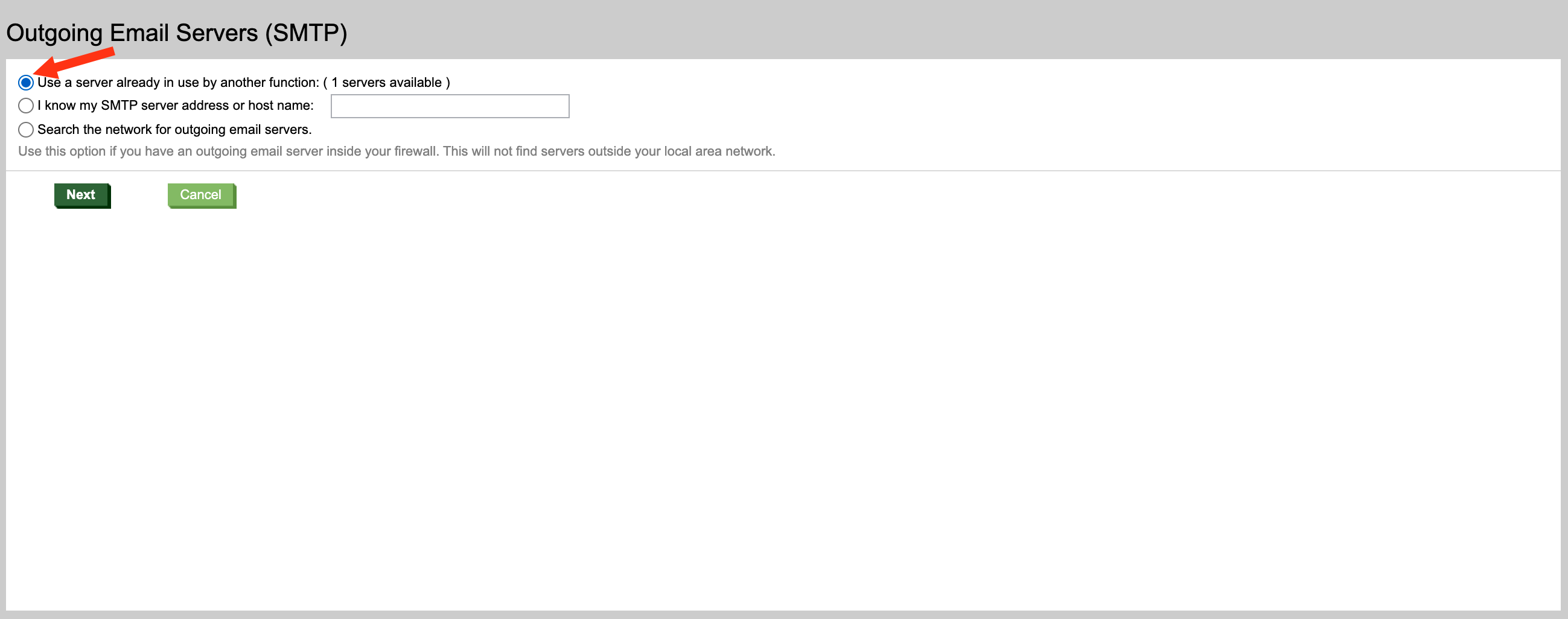 HP MFP SMTP server selection screen