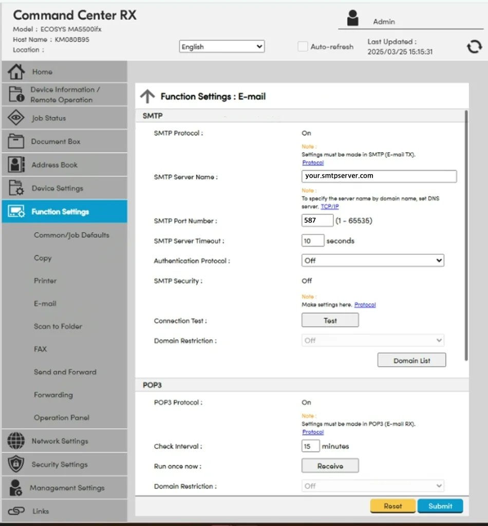 Kyocera Command Center RX E-mail SMTP Protocol settings