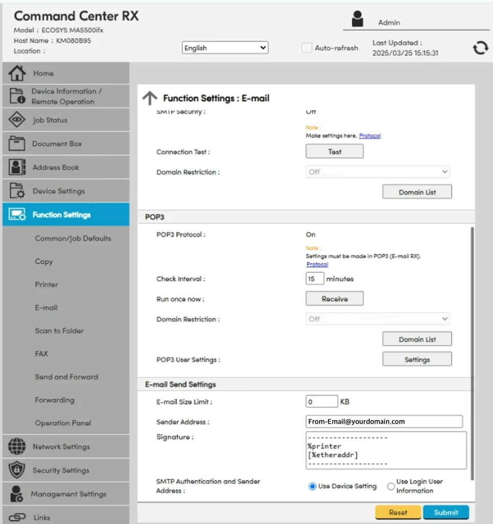 Kyocera Command Center RX SMTP server, port, and authentication fields