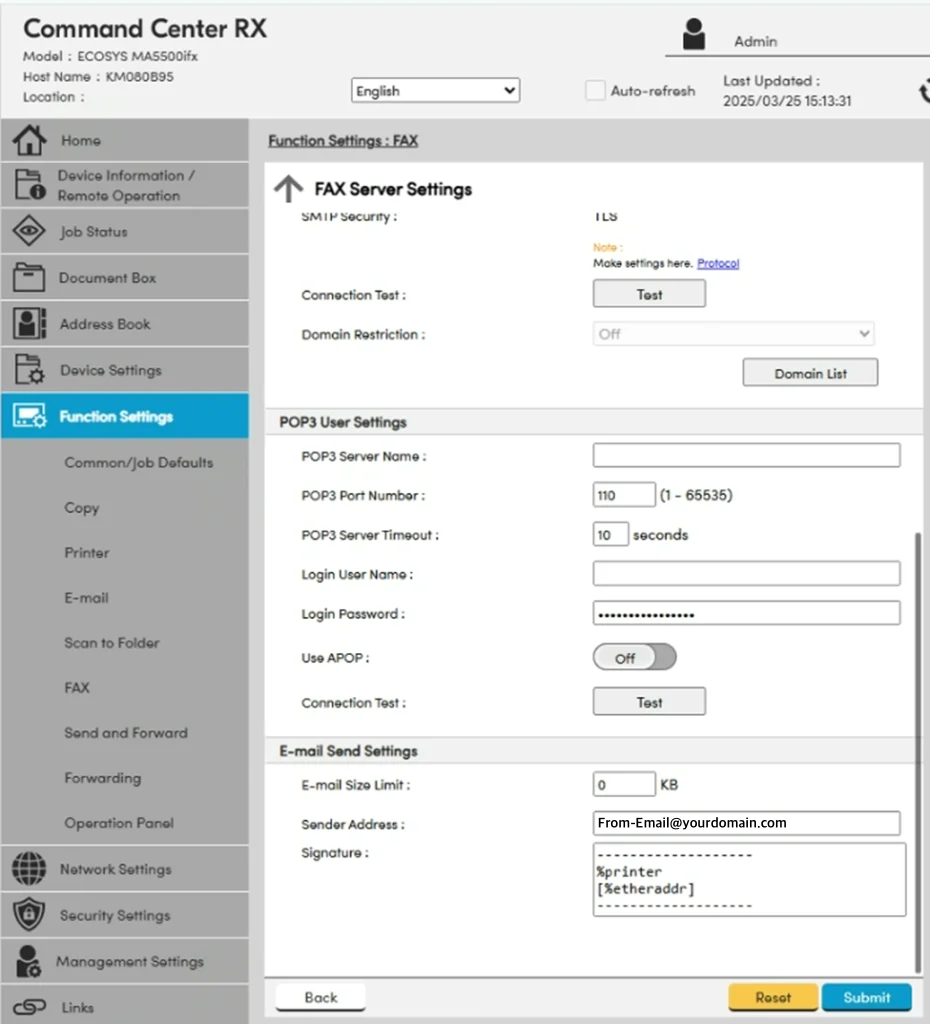 Kyocera Fax Server SMTP security and sender address fields