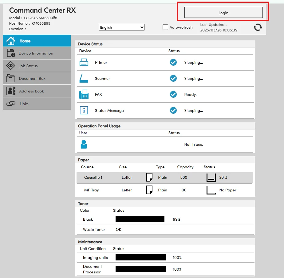 Kyocera operation panel Function Settings menu