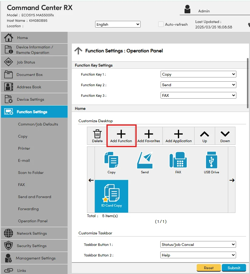 Kyocera FAX Server checkbox selected in Add Function