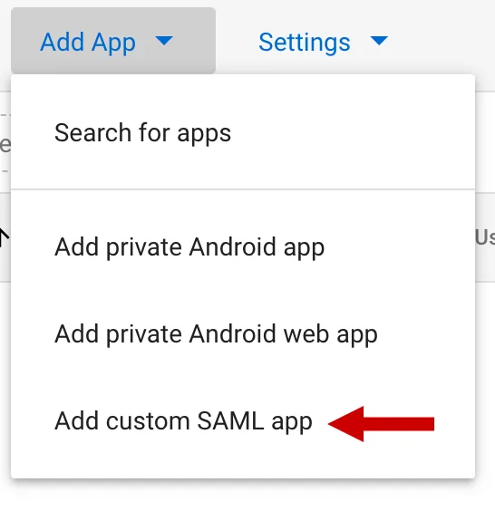 The Add app menu in Google Admin with Add custom SAML app highlighted