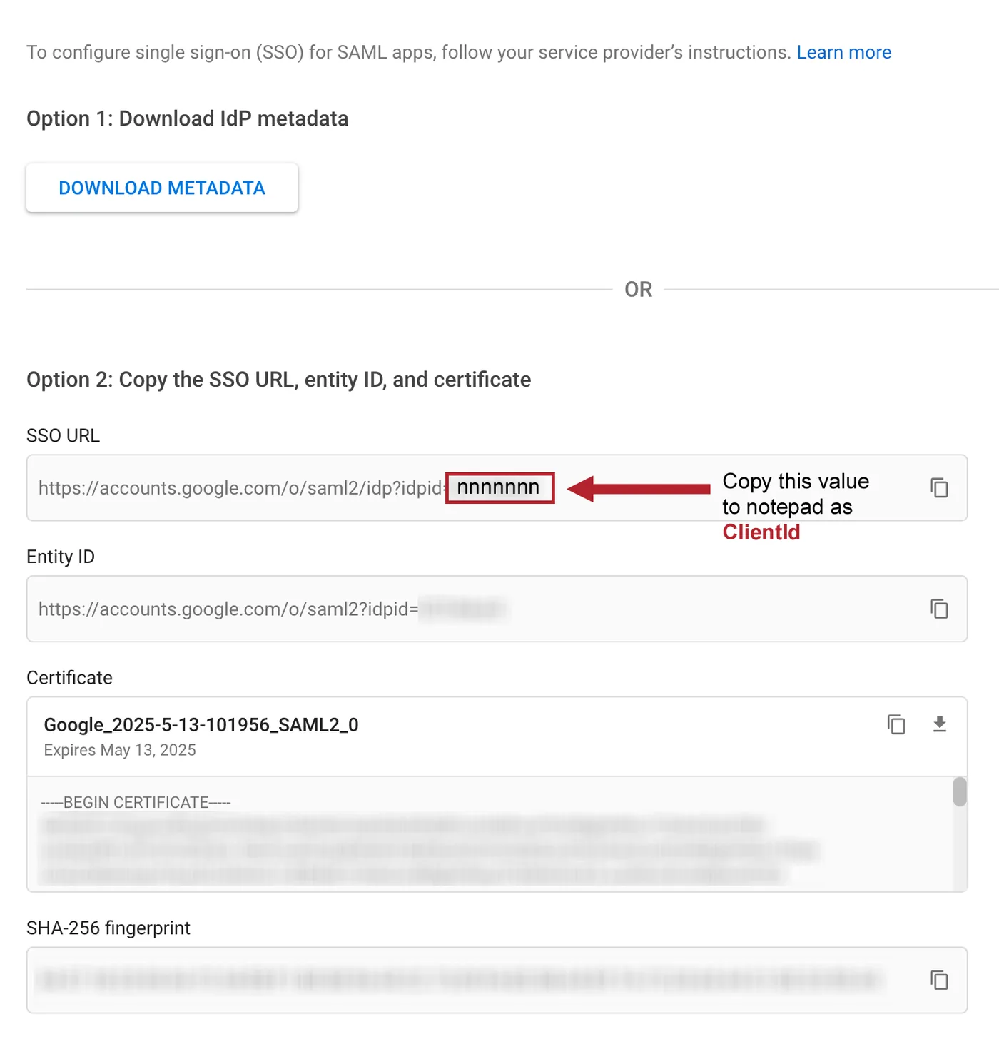 Google identity provider details showing the SSO URL, Entity ID, and downloadable certificate