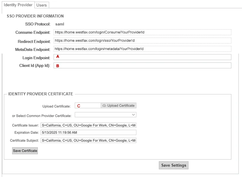 The WestFax SSO settings form with fields for login endpoint, client ID, and x.509 certificate