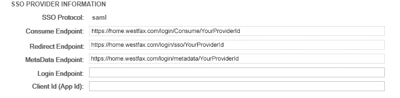 The SSO tab in the WestFax admin panel showing the Consume, Redirect, and Metadata endpoints