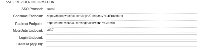 The SSO tab in the WestFax admin panel showing the Consume, Redirect, and Metadata endpoints