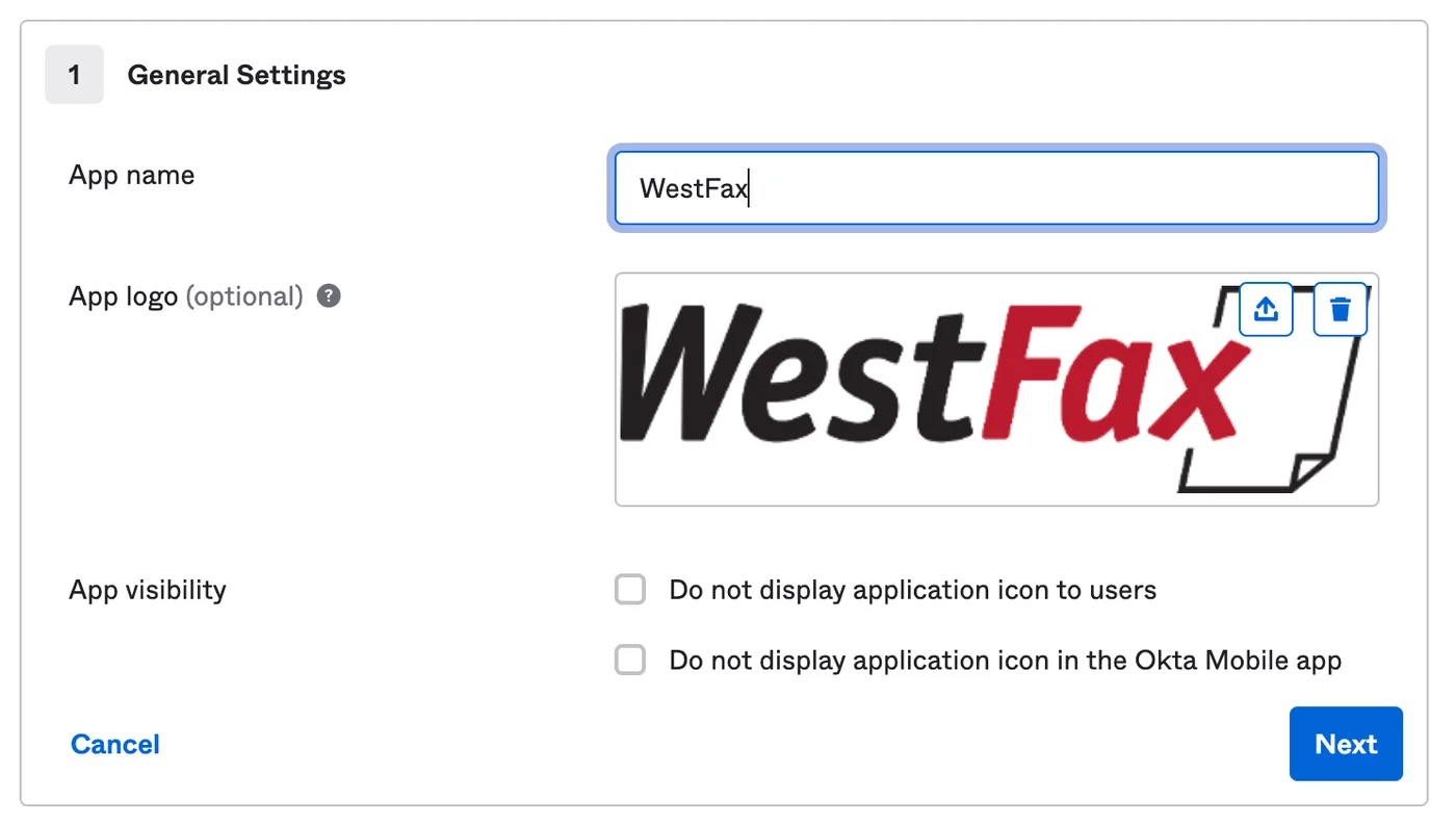 Setting the app name and logo for the WestFax integration in Okta