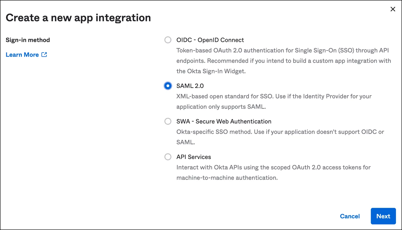 Selecting SAML 2.0 as the sign-in method for the new Okta app integration