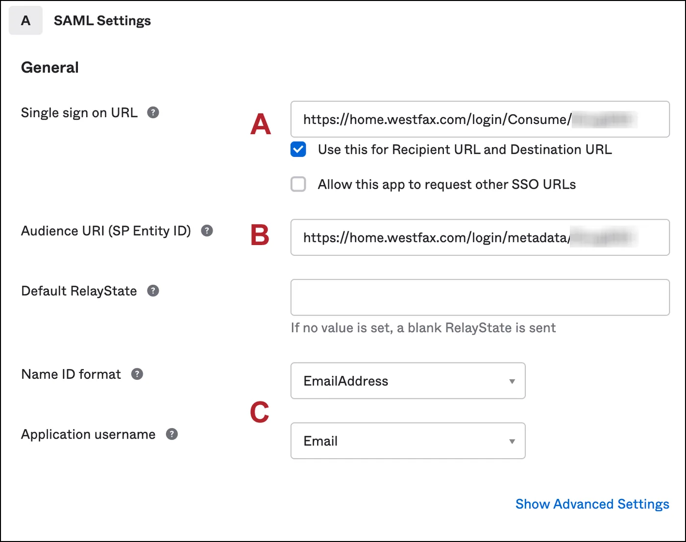 The Okta SAML settings form with the WestFax single sign-on URL and audience URI