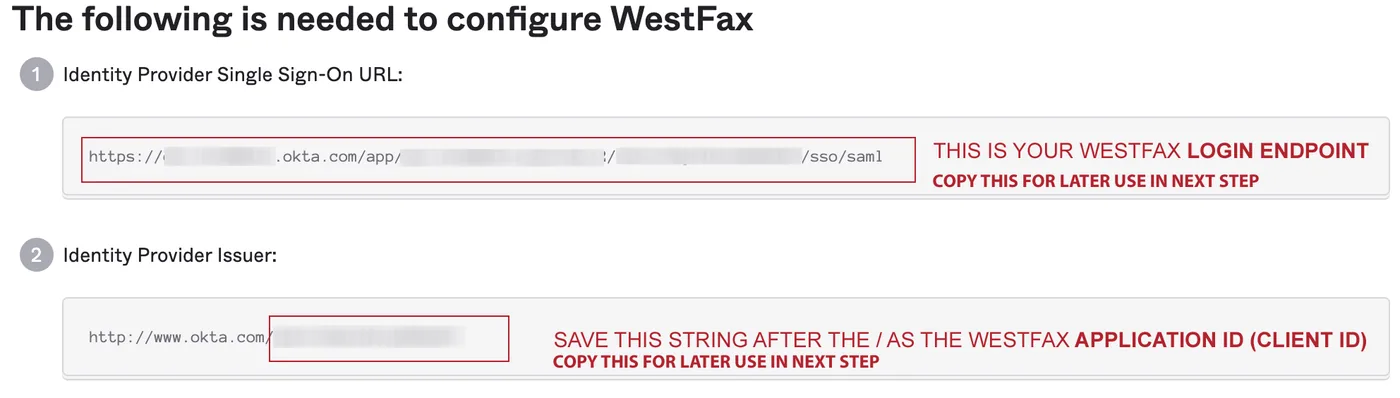 Okta setup instructions showing the identity provider single sign-on URL and issuer