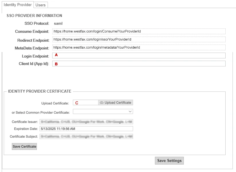 The WestFax SSO settings form with fields for login endpoint, client ID, and x.509 certificate