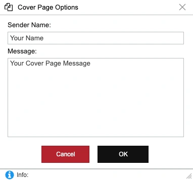 Cover Options dialog for customizing the fax cover page message