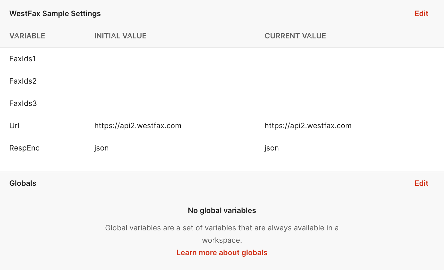 Postman environment variables default settings view