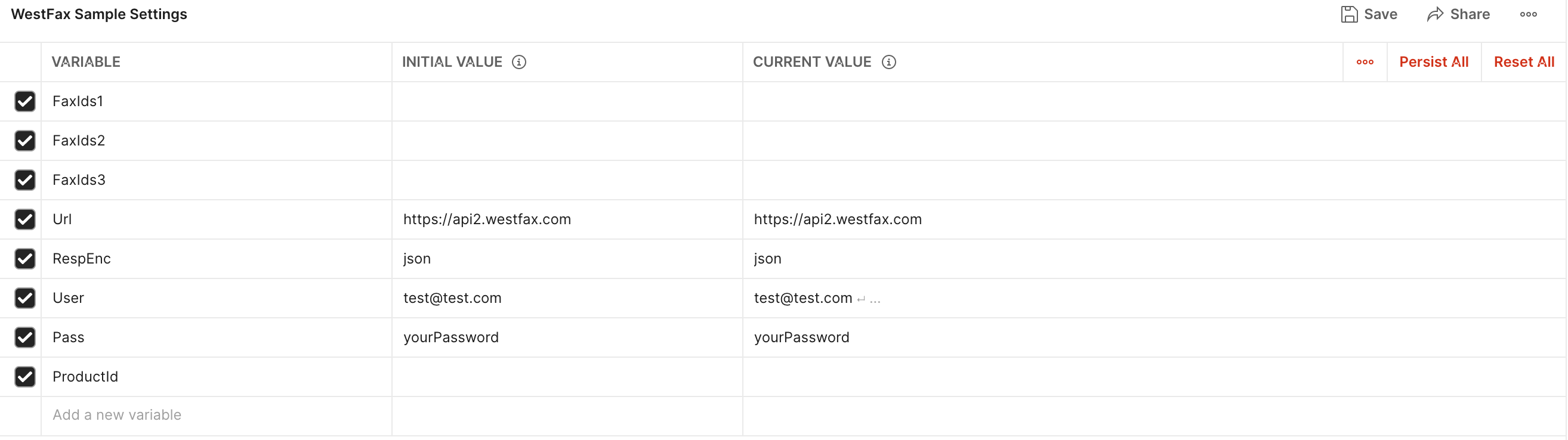Editing Postman environment variables for User and Pass