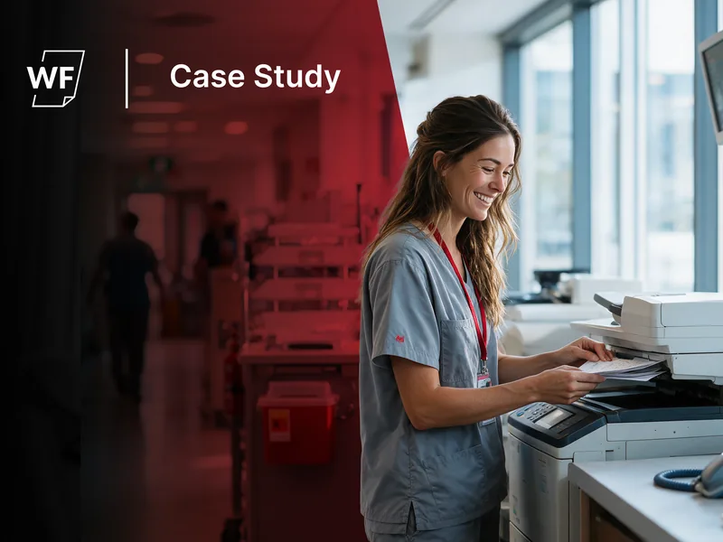 WestFax case study — a smiling clinician collecting faxed documents at her clinic's multifunction printer