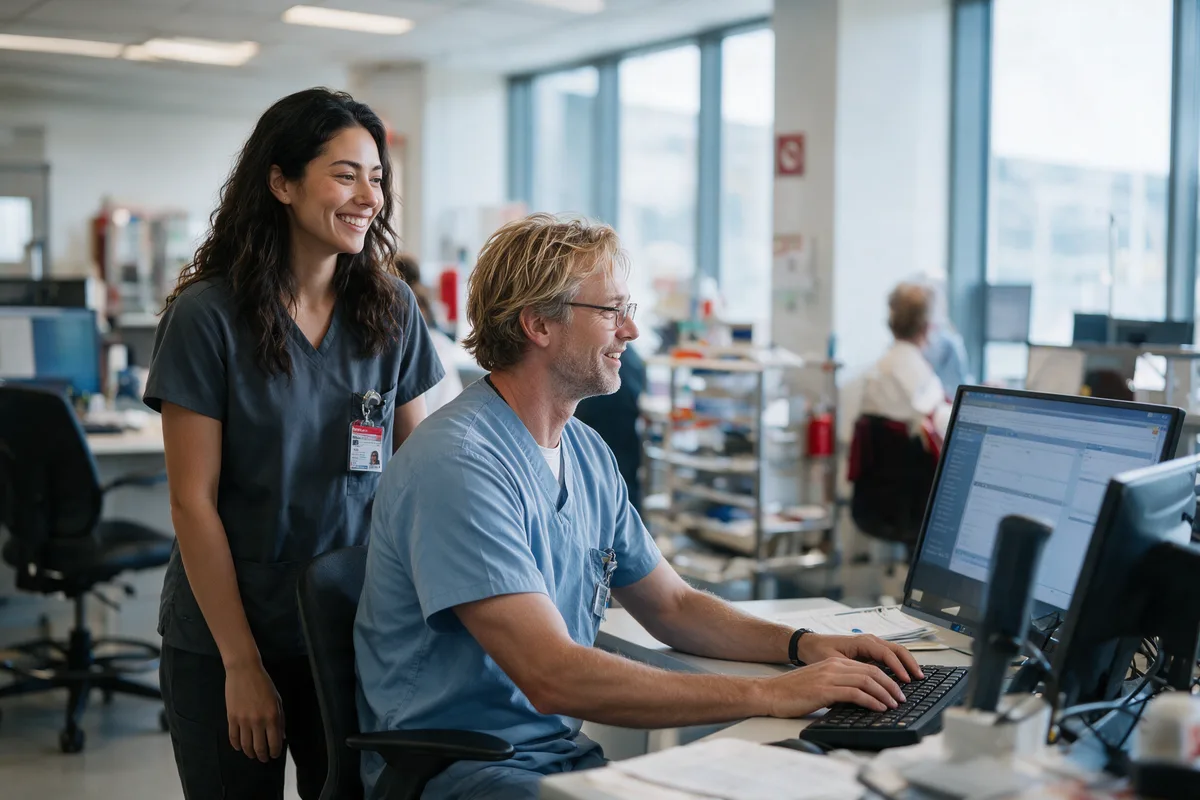 Two smiling clinicians working a shared fax queue together at one workstation