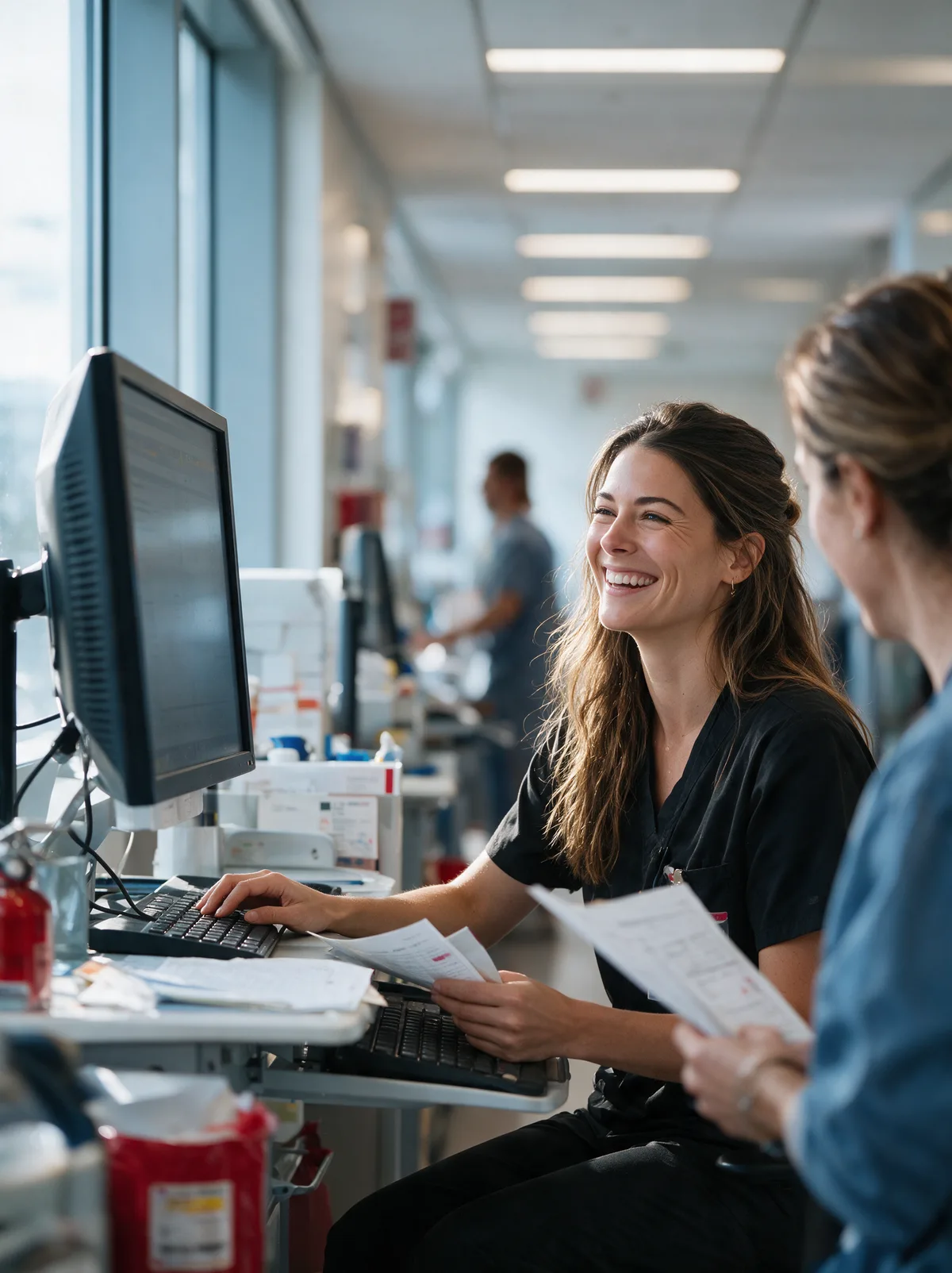 Two smiling coworkers reviewing documents together at an office workstation