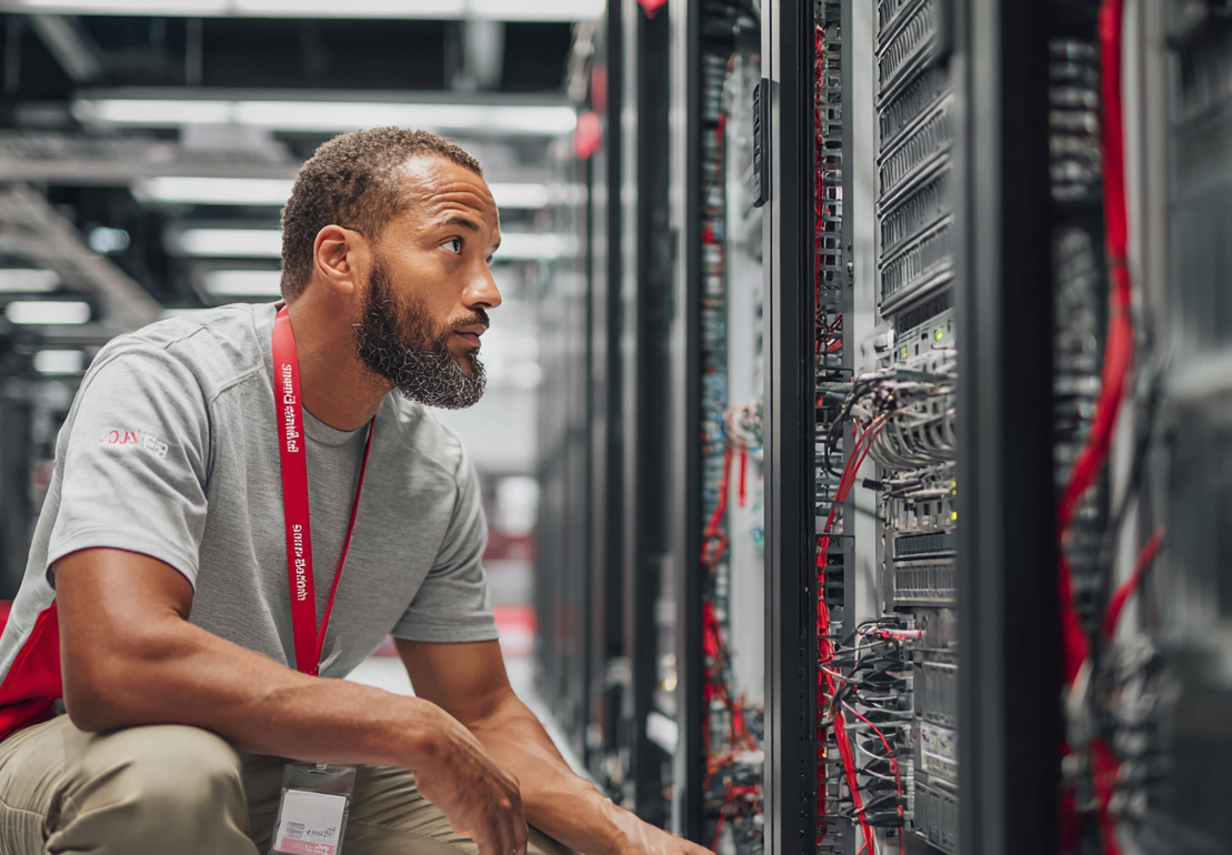 A technician working among racks of server infrastructure in a WestFax data center