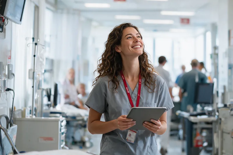 A smiling clinician checking document routing on a tablet in a busy hospital corridor