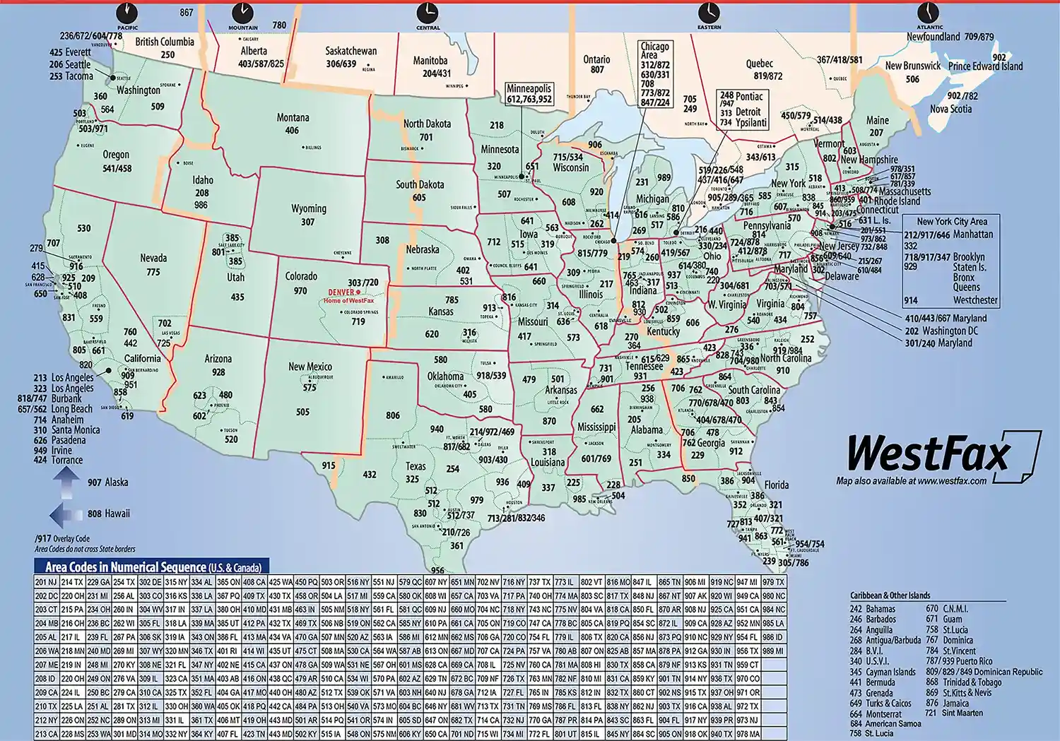 Map of the United States showing every telephone and fax area code by state